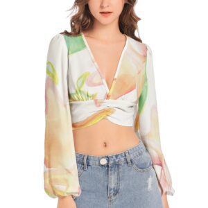 Baleon Blossom  -  Deep V-Neck Lantern Sleeve Crop Top