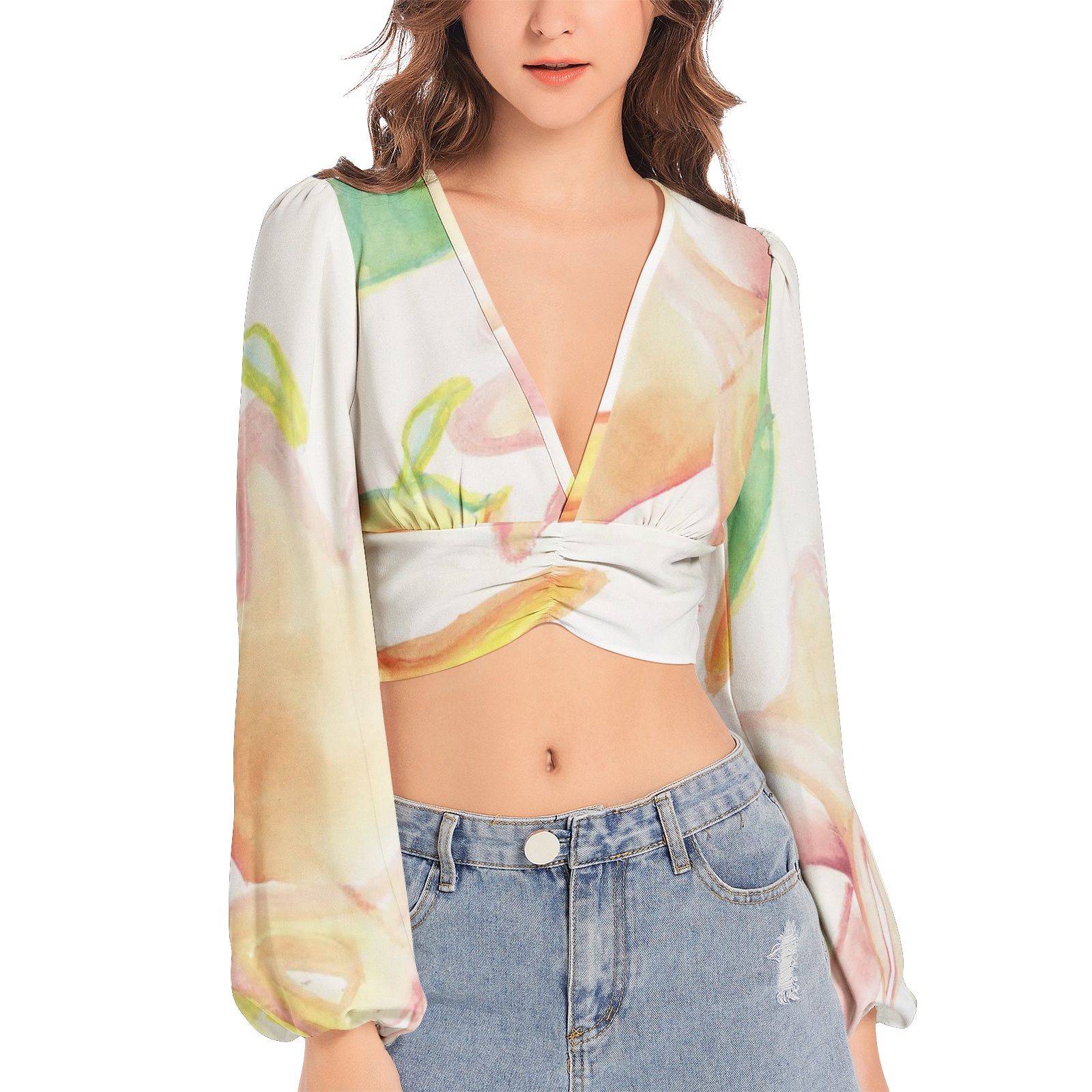 Baleon Blossom - Deep V-Neck Lantern Sleeve Crop Top