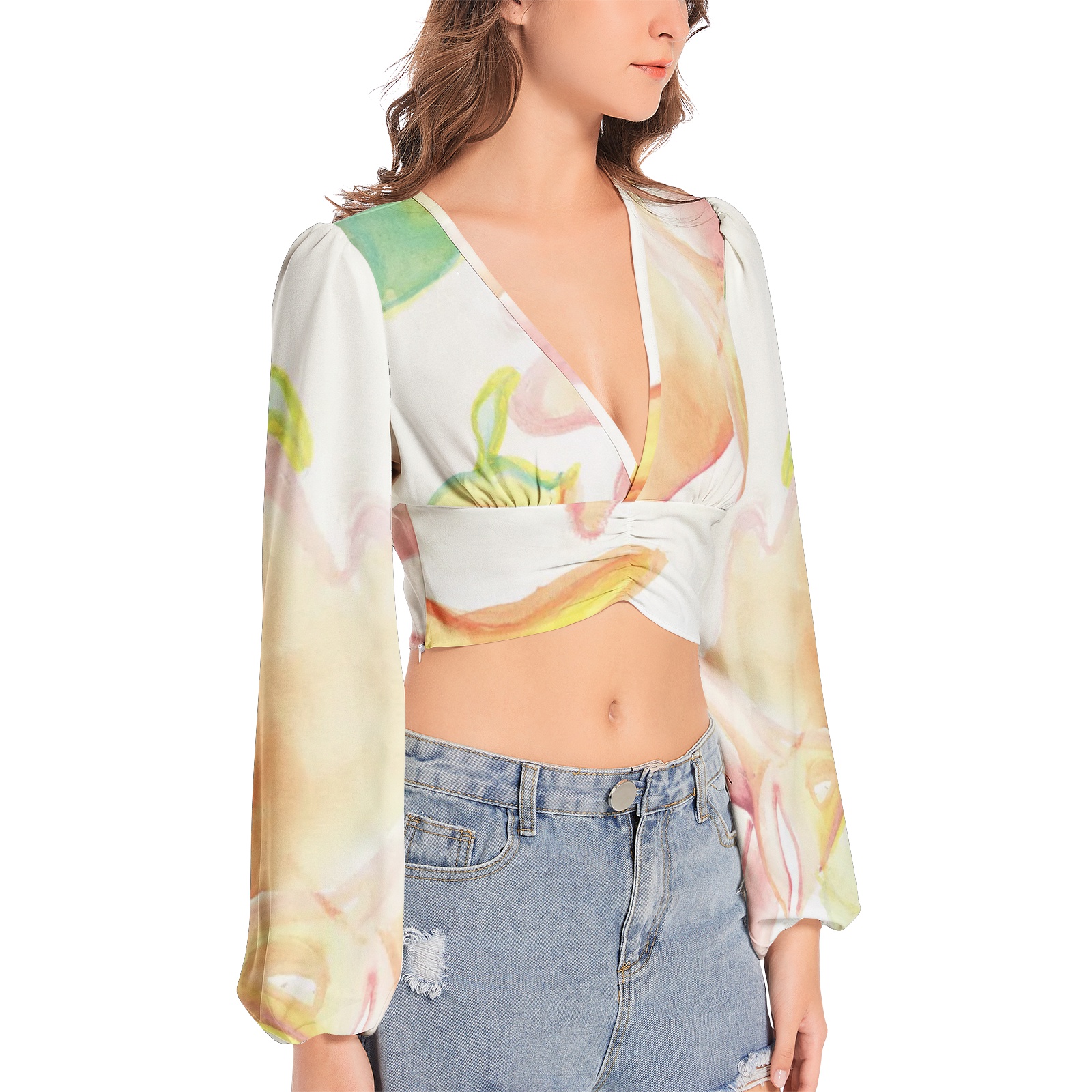 Baleon Blossom - Deep V-Neck Lantern Sleeve Crop Top - Image 2