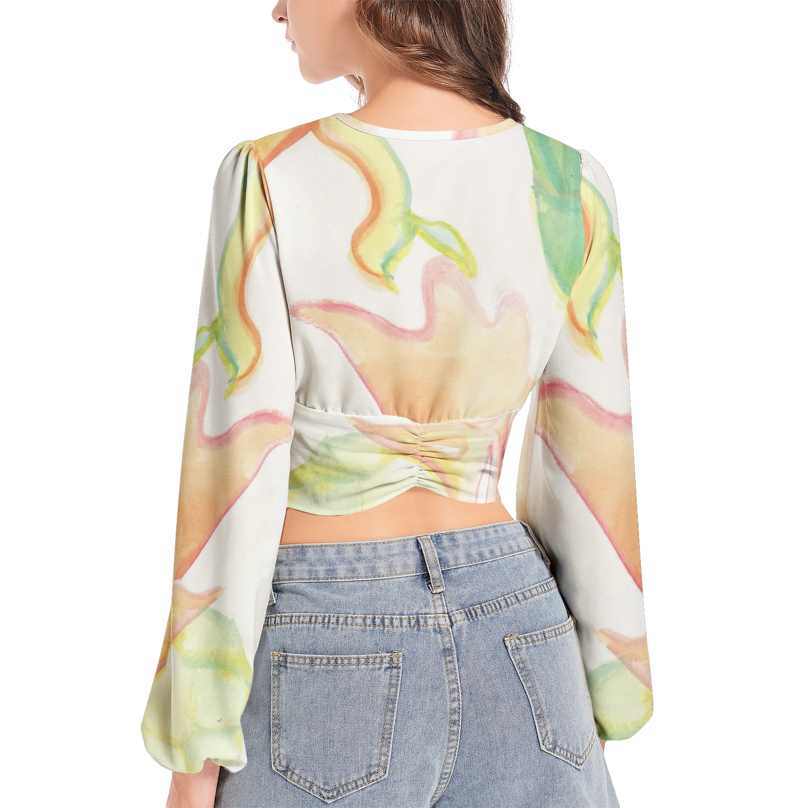 Baleon Blossom - Deep V-Neck Lantern Sleeve Crop Top - Image 4