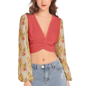 Crowan - Women's Deep V-Neck Lantern Sleeve Crop Top